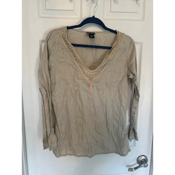 Rafaella Tops - Rafaella 100% Linen Tan Pullover Long sleeve V-neck Tunic Blouse 12